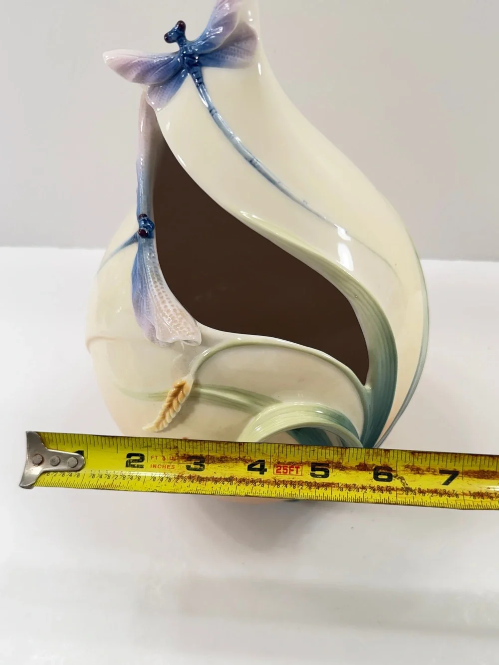 Franz Dragonfly Floral Hand Painted 3D Vase Porcelain Artist Signed 10” Vintage